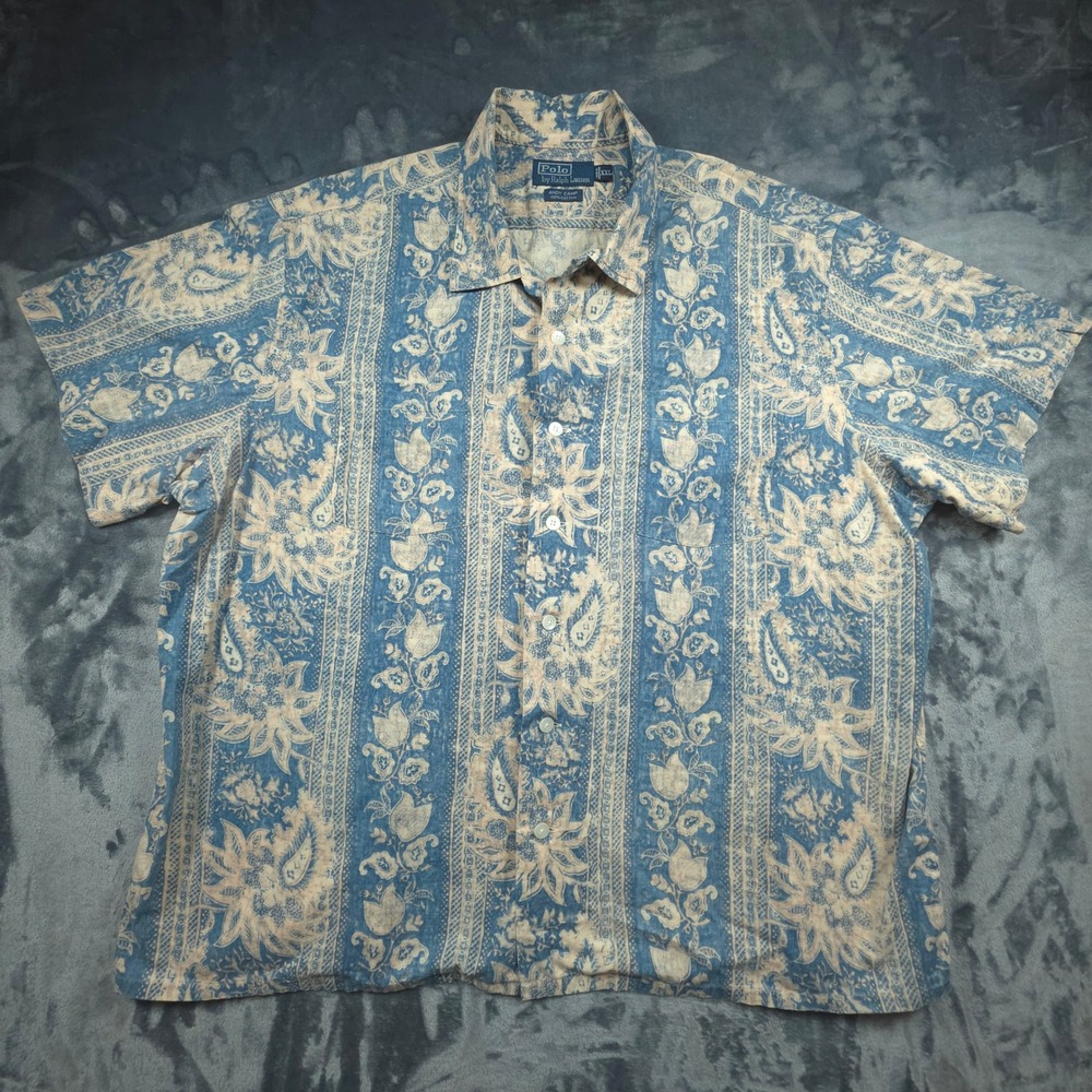 Vintage Polo Ralph Lauren Andy Camp Shirt XXL Blue Paisley Floral Cotton Mens
